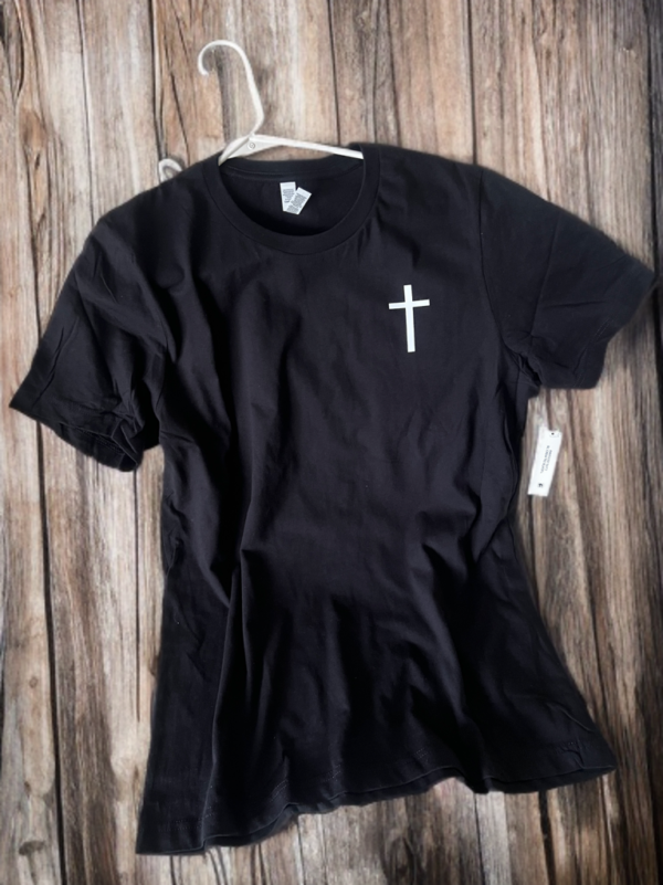 black t-shirt with a with cross on the top right front view