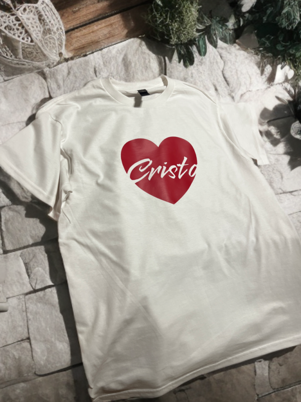 front view white t-shirt with a red heart in the middle