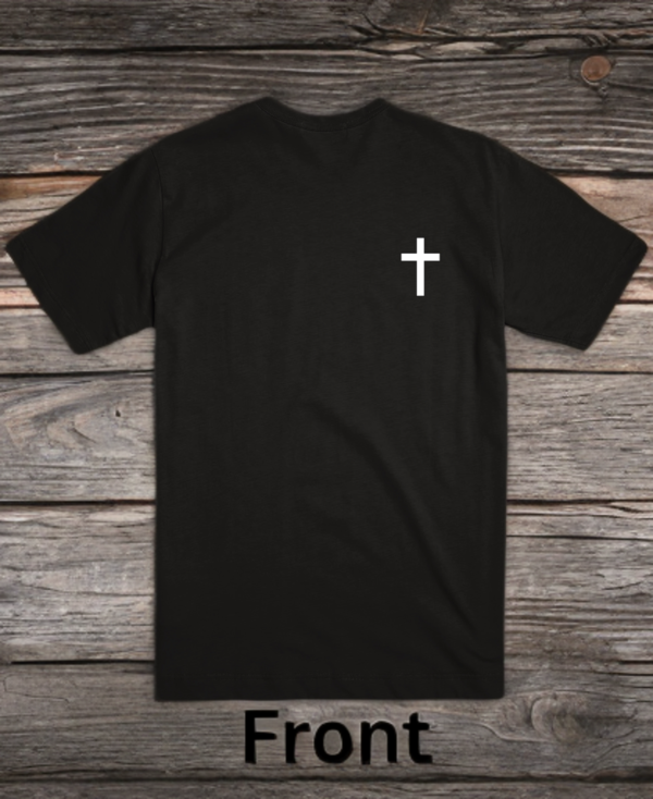black t-shirt front view with a cross on it