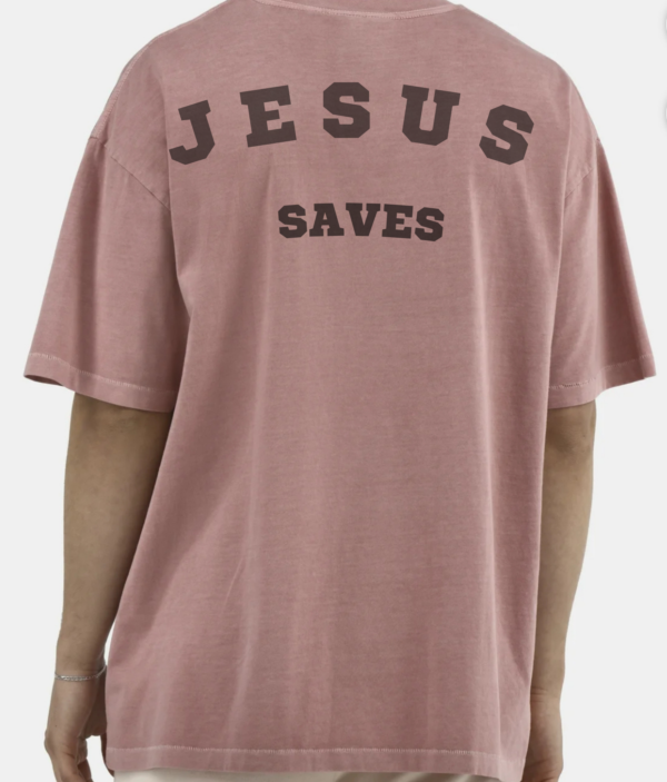 Back View of a t-shirt that says jesus saves