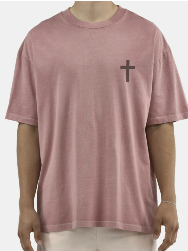 Front view of a T-shirt with a cross on it